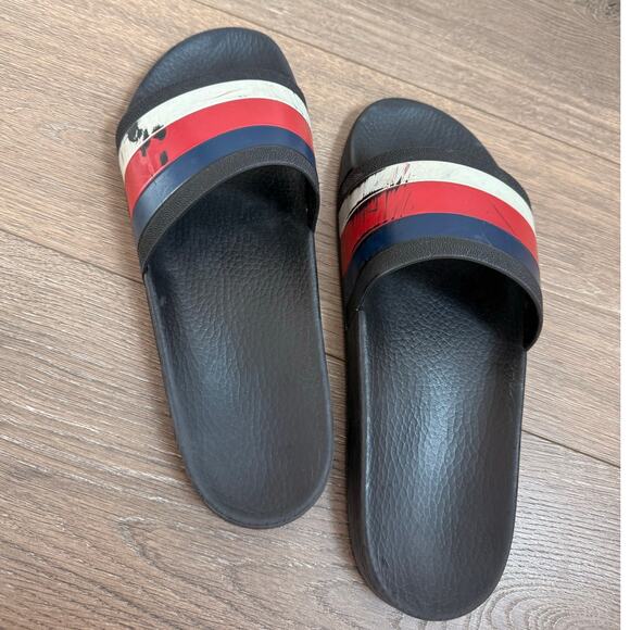GUCCI 308234 Benassi Tricolor Color Shoes US 10 Shower Sandals Pool Rubber White - Picture 1 of 7